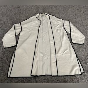 NIEMAN MARCUS Large White Ivory Cardigan Jacket Black Piping Vintage
